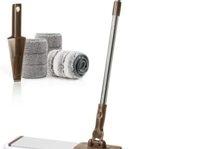 Commercial Flat Microfiber Floor Mop Cleaning System 24" Inch Wet Dry and Dust Hardwood with 4 Washable Pads Cleaner for Laminate Tile Stainless Steel Handle and Extension ( Brown)