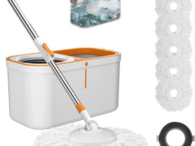 Floor Spin Mop and Bucket Set with Wringer System Extended Stainless Steel Handle 61＂for Home Floor Cleaning Use with 5 Replacement Head Refill and 1 Cleaning Brush Head