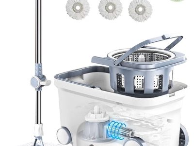 Spin Mop Bucket Deluxe 360 Spinning Floor Cleaning System with 6 Microfiber Replacement Head Refills