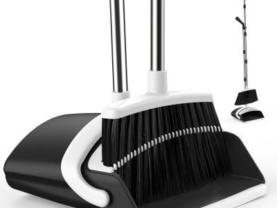 Broom and Dustpan Set for Home, 51-in Long Adjustable Handle Angle Broom and Dustpan Combo Set with Dust Pan Teeth to Clean Hair for Home Kitchen Office Lobby Floor Garden (Black&White)
