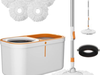 Spin Mop Bucket with Wringer System Extended Mop Handle 61＂Mop and Bucket for Floors Cleaning with 5 Replacement Head Refill 1 Cleaning Brush Head