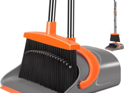 Broom and Dustpan Set for Home, Broom and Dustpan Combo for Office, Long Handle Broom with Upright Standing Dust pan,Indoor&Outdoor Sweeping (Gray&Orange)