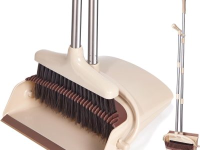 Broom and Dustpan Set with Long Handle, Light Weight Stainless Steel Poles Stand Upright Dustpans with Broom Combo for Home Kitchen Office Pet Dog Hair, Brown & Beige Color, 1-Pack