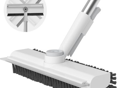 Floor Scrub Brush with Long Handle, 3 in 1 Scrape and Heavy-Duty Stiff Bristle Scrubber Brush for Cleaning Shower Bathroom, Patio, Pool, Garage, Kitchen, Wall and Deck (White, 1 Pack)