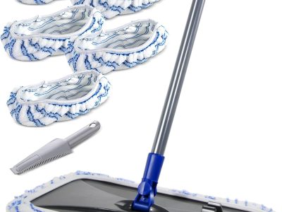 Extra Large Microfiber Mop for Floor Cleaning, 16“ Flat Mop with 5 Pad for Wet & Dry Use, Dust Mop for Hardwood Laminate Tile Ceramic, 1 Cleaning Scraper Included-Blue