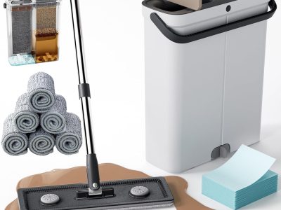 Compact Floor Mop and Bucket - Flat Mop and Bucket with Wringer Set Hands Free | Wet Dry Mop for Apartment, Tiny Home, RV, Windows, Wall, Hardwood, Vinyl, Floor with 6 Microfiber Cloths